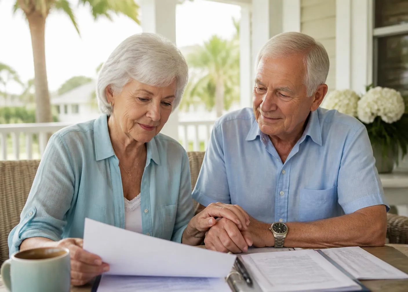 An older woman and a younger woman reviewing paperwork together at a kitchen table